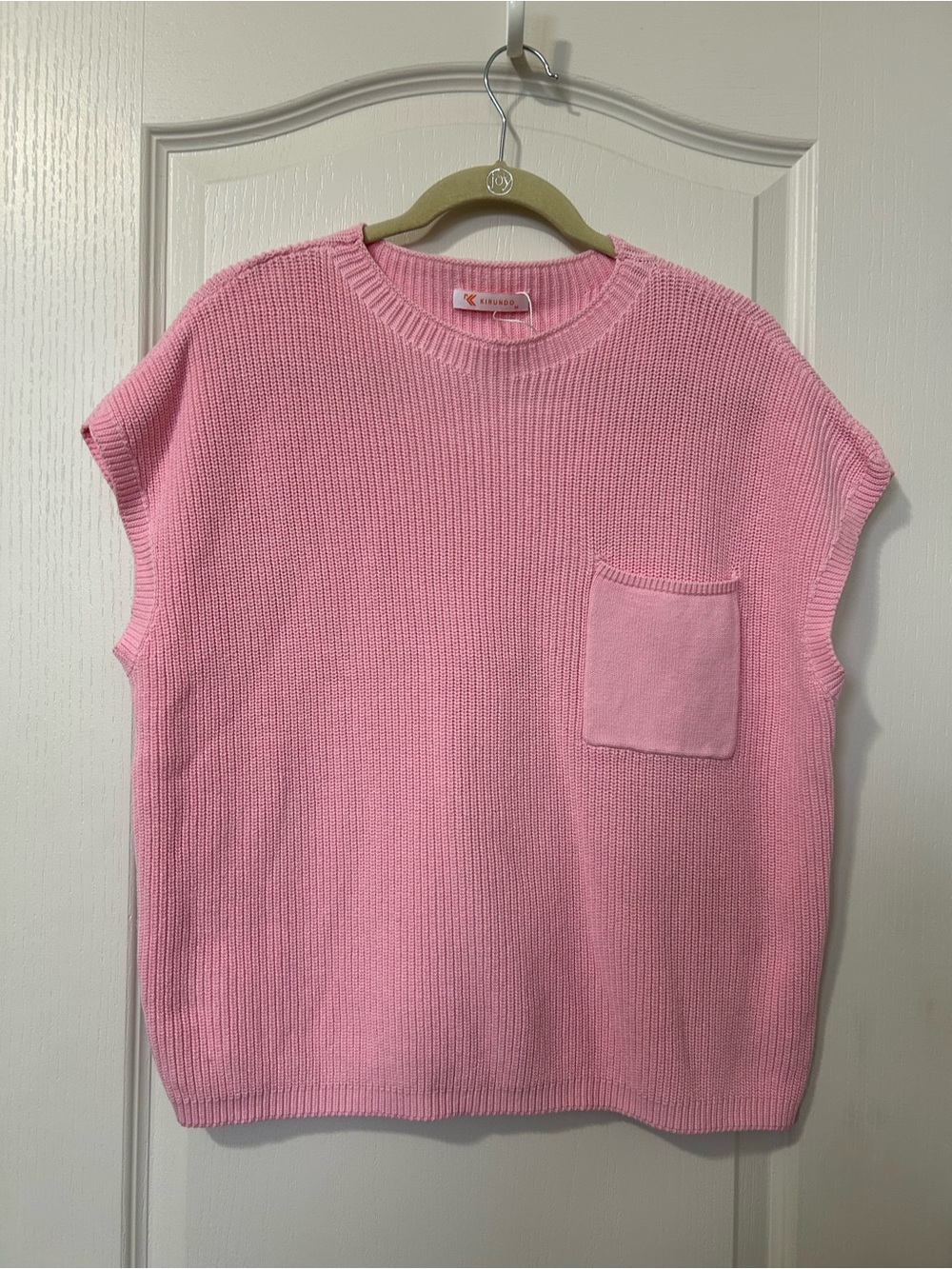KIRUNDO Pink Knit Short-Sleeve Sweater with Pocket